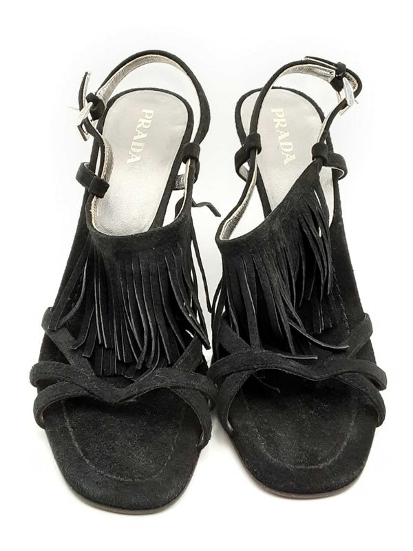Prada Black Suede Fringe Heels Size 39.5 Eb0223lrxsa