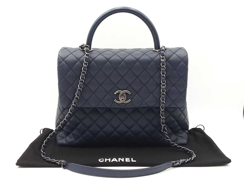 Chanel Coco Top Handle Flap Bag In Navy Blue Quilted Caviar Leather Fw0925ooxzdu