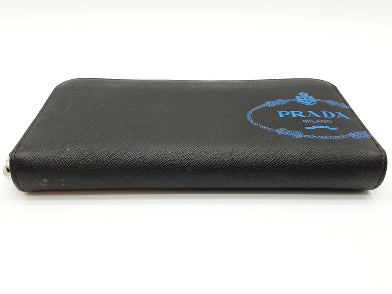 Prada Blue Logo Black Saffiano Leather Zip Wallet Do1025orxde