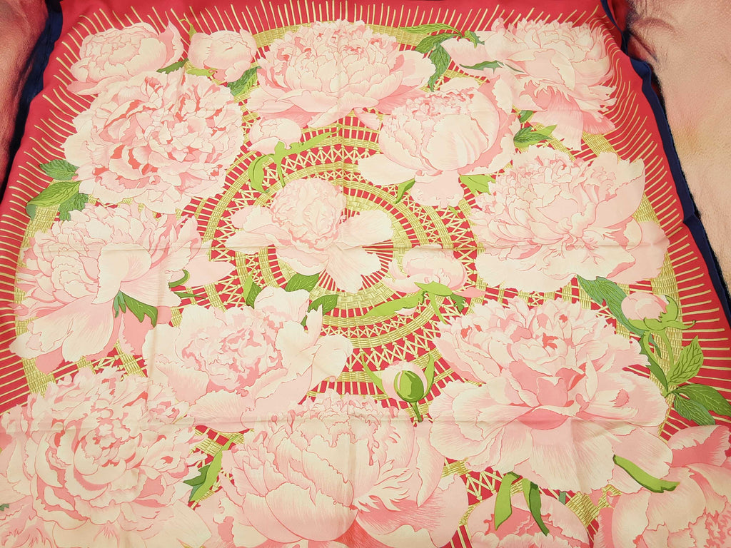 Hermes Les Pivoines Peonies Pink Blue Flower Silk Scarf