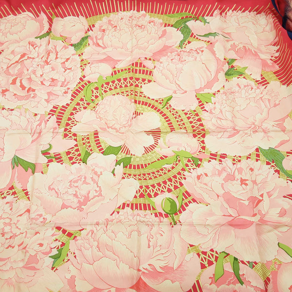 Hermes Les Pivoines Peonies Pink Blue Flower Silk Scarf