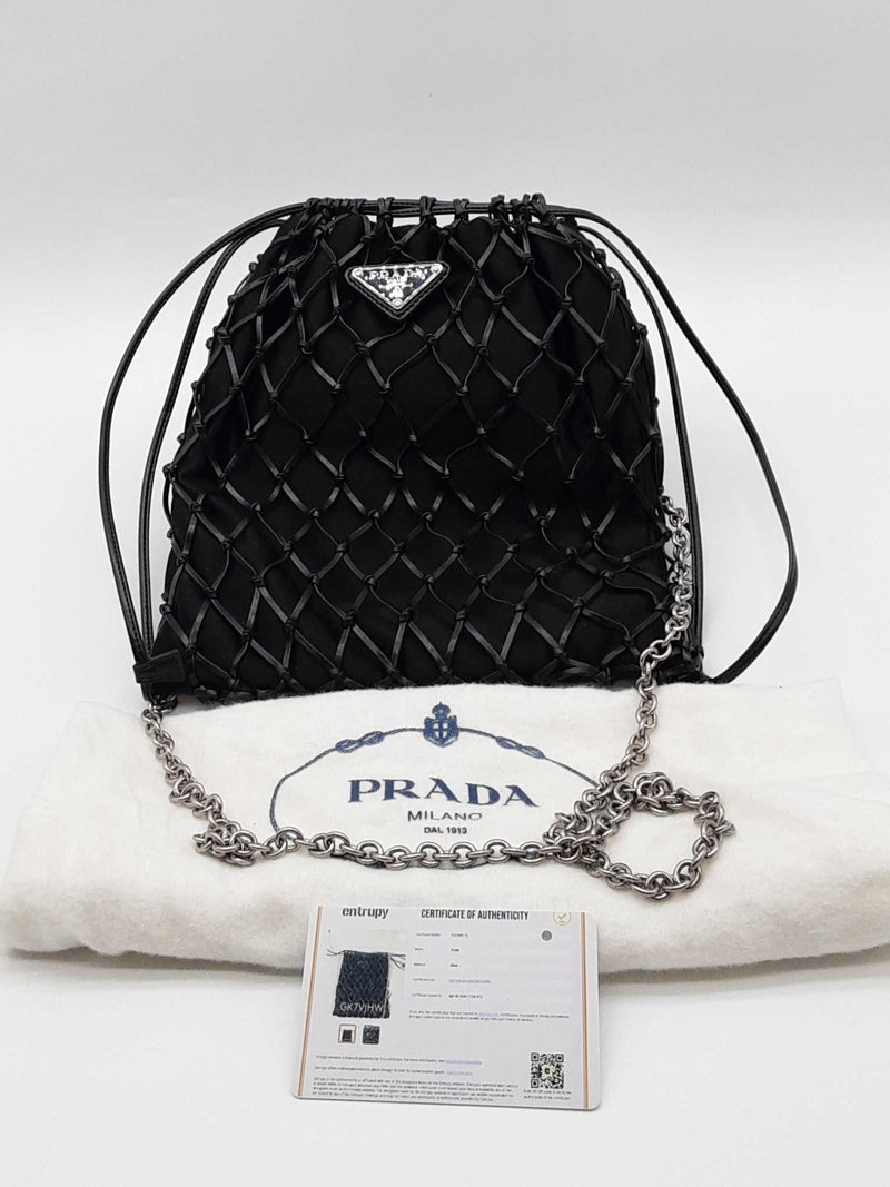 Prada Black Satin Leather Net Overlay Drawstring Crossbody Bag