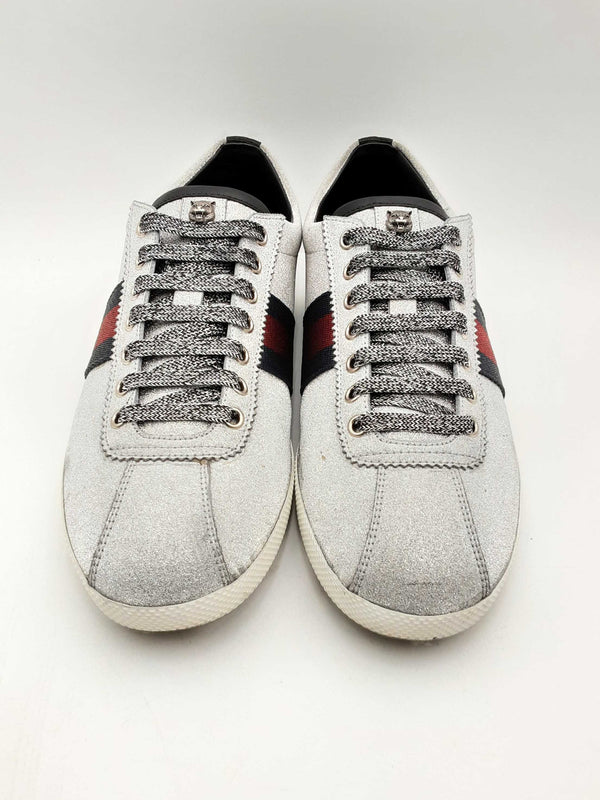 Gucci Bambi Web Silver Sparkle Sneakers Size 9 Fw0724lxzsa