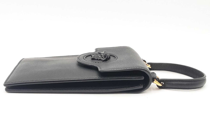 Versace La Madusa Black Leather Crossbody Phone Pouch With Top Handle Eb924oxzsa