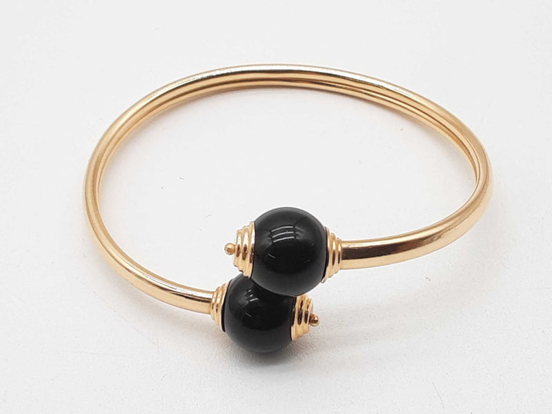 14k Yellow Gold 10.4g Onyx Bead Bangle Bracelet 6.5 In Eb0624ocrde