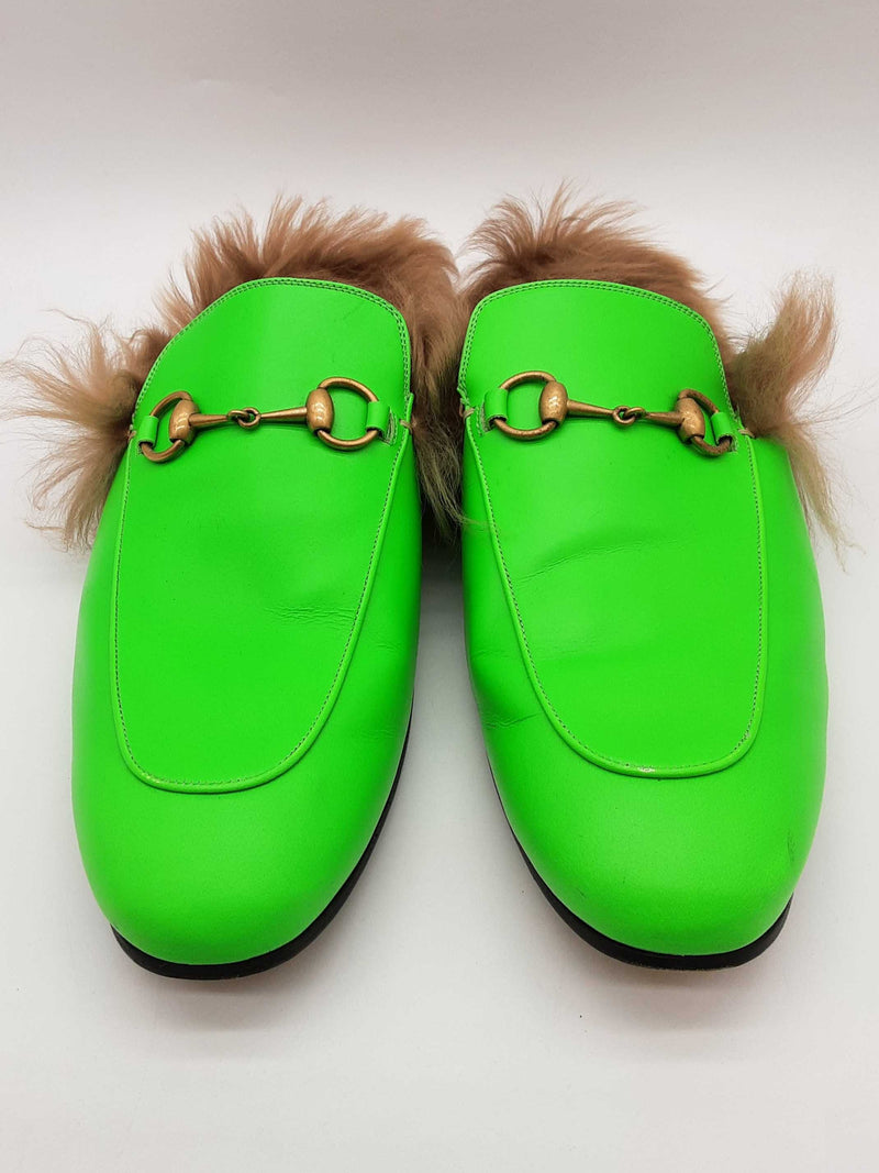 Gucci Princetown Neon Green Leather Fur Loafers Size Gucci 11 Mens Do0925oorde