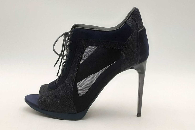Burberry Denim & Navy Blue Sude Peep Toe Lace Up Heel Booties Size 36 Eb325lxzsa