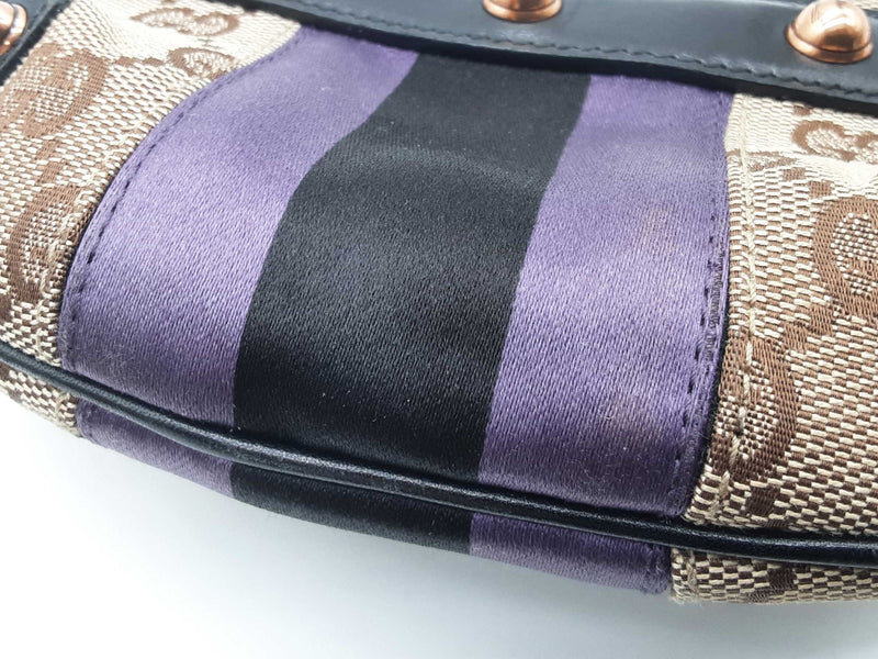 Gucci 129498 Mini Horsebit Tan Gg Canvas Purple Black Satin Clutch Do0925pxzde