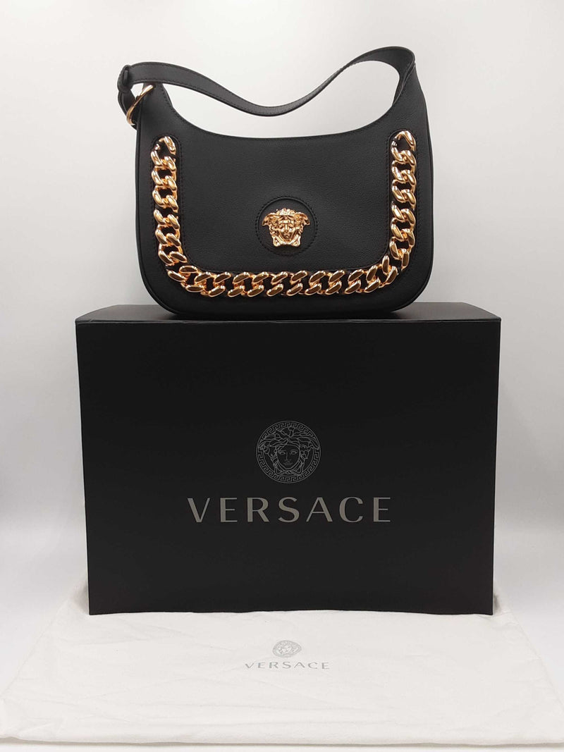 Versace La Medusa Medium Hobo Bag In Black Calfskin Leather Fw0125exzdu