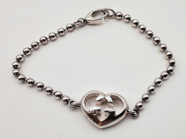 Gucci 0.925 Silver Interlocking Logo Heart Bracelet Size 17 Do1123crde