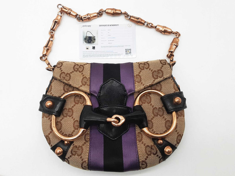 Gucci 129498 Mini Horsebit Tan Gg Canvas Purple Black Satin Clutch Do0925pxzde