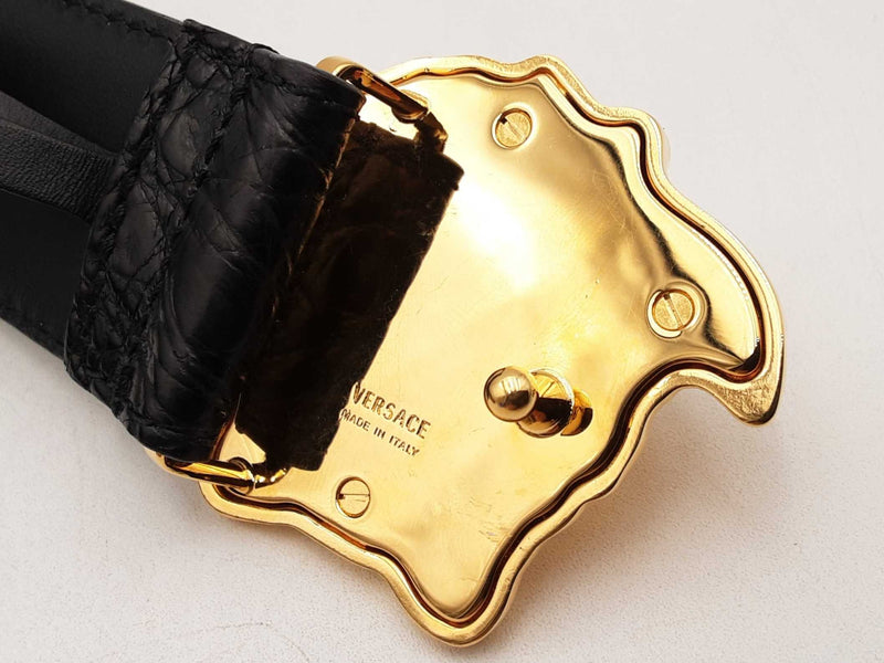 Versace La Medusa Croc-embossed Black Leather Belt & Gold-tone Buckle Fwlxzsa