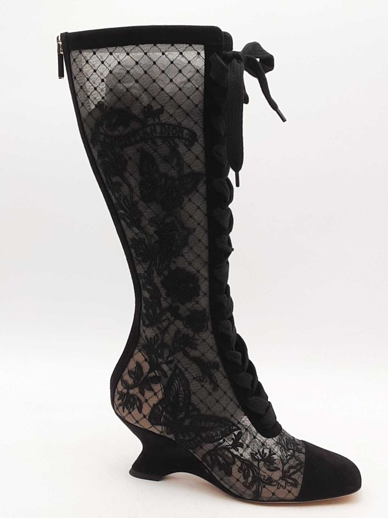 Dior Embroidered Mesh Suede Naughtily-d Knee Boots Black Size 37 Aa1125wzxsa