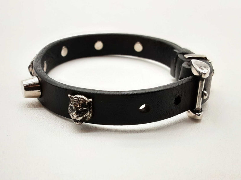 Gucci Feline Studded Black Leather Bracelet 6.75 In Do1224crde