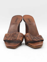 Fendi Zucca Monogram Leather & Wooden Peep-toe Mules Size 6 Fw1026rzdu