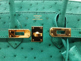 Hermes Birkin 25cm Vert Verone Green Ostrich Leather Gold Handbag Do0626ooxzxde