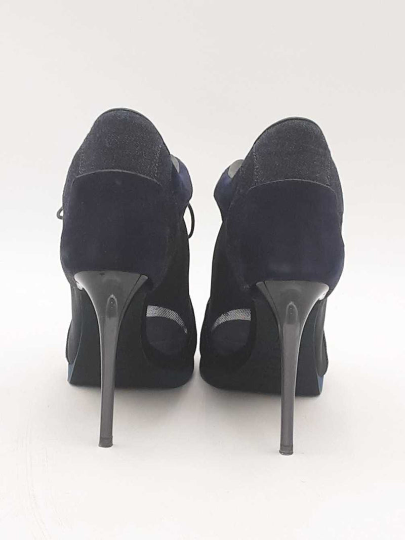Burberry Denim & Navy Blue Sude Peep Toe Lace Up Heel Booties Size 36 Eb325lxzsa