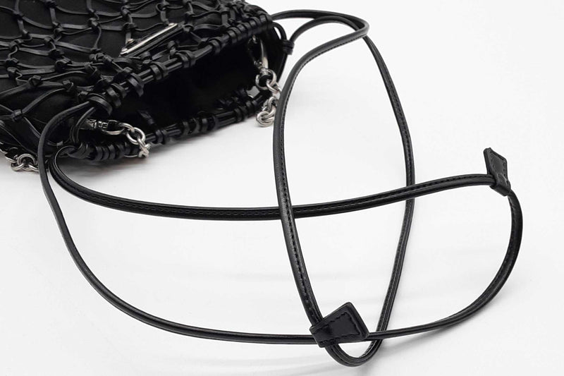 Prada Black Satin Leather Net Overlay Drawstring Crossbody Bag