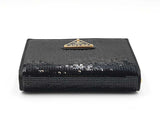 Prada Sequined Triangle Logo Card Holder With Chain In Black Leather Fw1225wxzdu