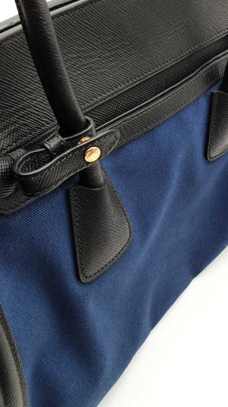 Prada Navy Blue Canvas & Black Saffiano Leather Tote Bag Eb1025oordu