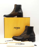 Fendi Stivaleto Boots In Black Leather & Ff Zucca Monogram Canvas Size 10 Fw0726crdu