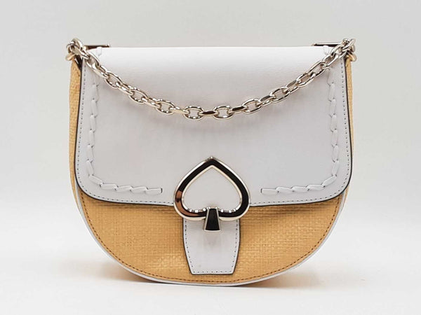 Kate Spade Robyn Chain Saddle Bag In White Leather & Raffia Fw0825wxdu