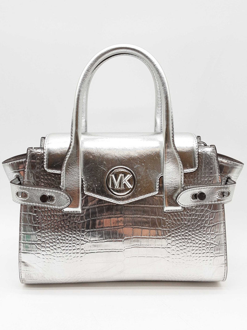 Michael Kors Carmen Silver Crocodile Embossed Belted Satchel Bag Do1024wxde