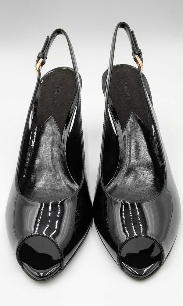 Tom Ford Black Patent Leather Slingback Peep Toe Heels Ebordu 144030005336