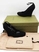 Gucci Black Suede Ankle Strap Wedges Size 6.5 B Eb0526lxzsa