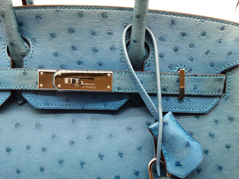 Hermes Birkin 30 Mykonos Blue Ostrich Leather Palladium Handbag Do0325lcxzxde