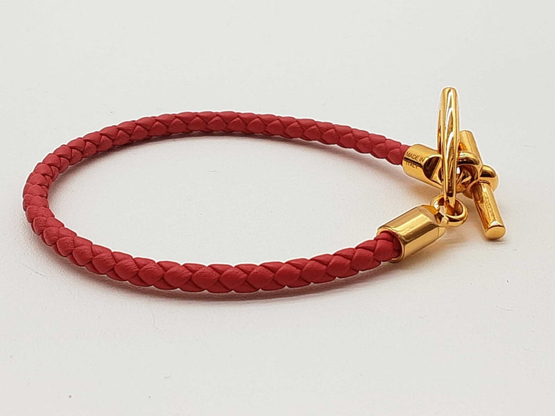 Hermes Etrier Red Braided Leather Goldtone Clasp Bracelet 6.5 In Do1025lrxde