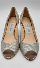 Jimmy Choo Open Toe Champagne Metallic Silver Heels Size 36 Ebcrsa 144030000812