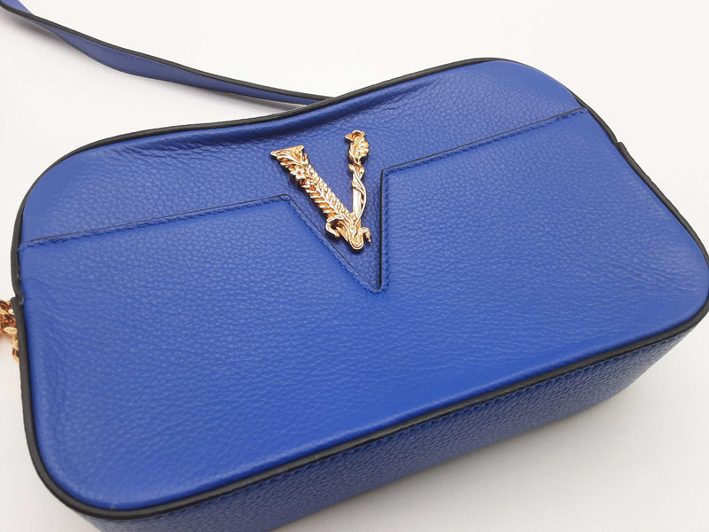 Versace Virtus Camera Blue Grainy Leather Chain Crossbody Bag Do0625wrxde