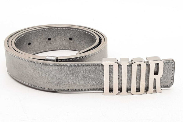 Christian Dior Metallic Silver Leather Belt With Silver Tone Buckle Eb0225lixsa