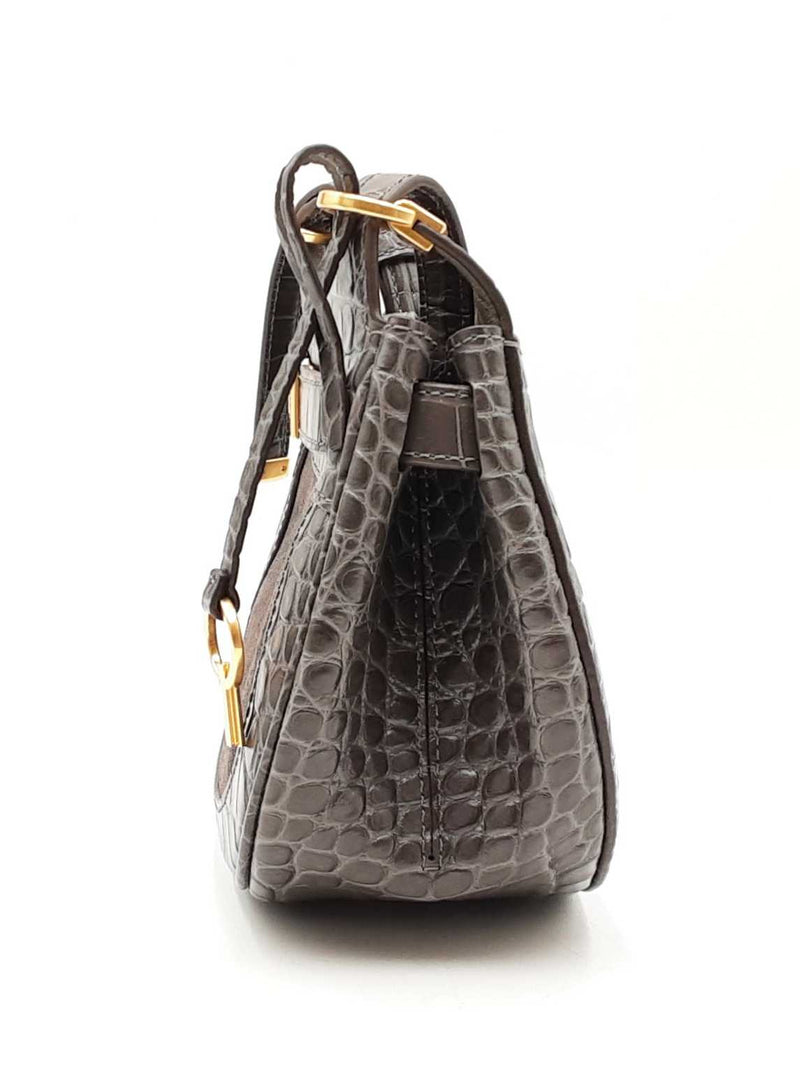 Tory Burch Lee Radziwill Croc-embossed Gray Leather Saddle Bag Fw0225pzdu
