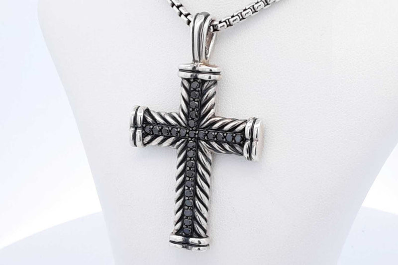 David Yurman 925 Black Diamond Chevron Cross Pendant & Chain 28.6g Eb1024pxzde