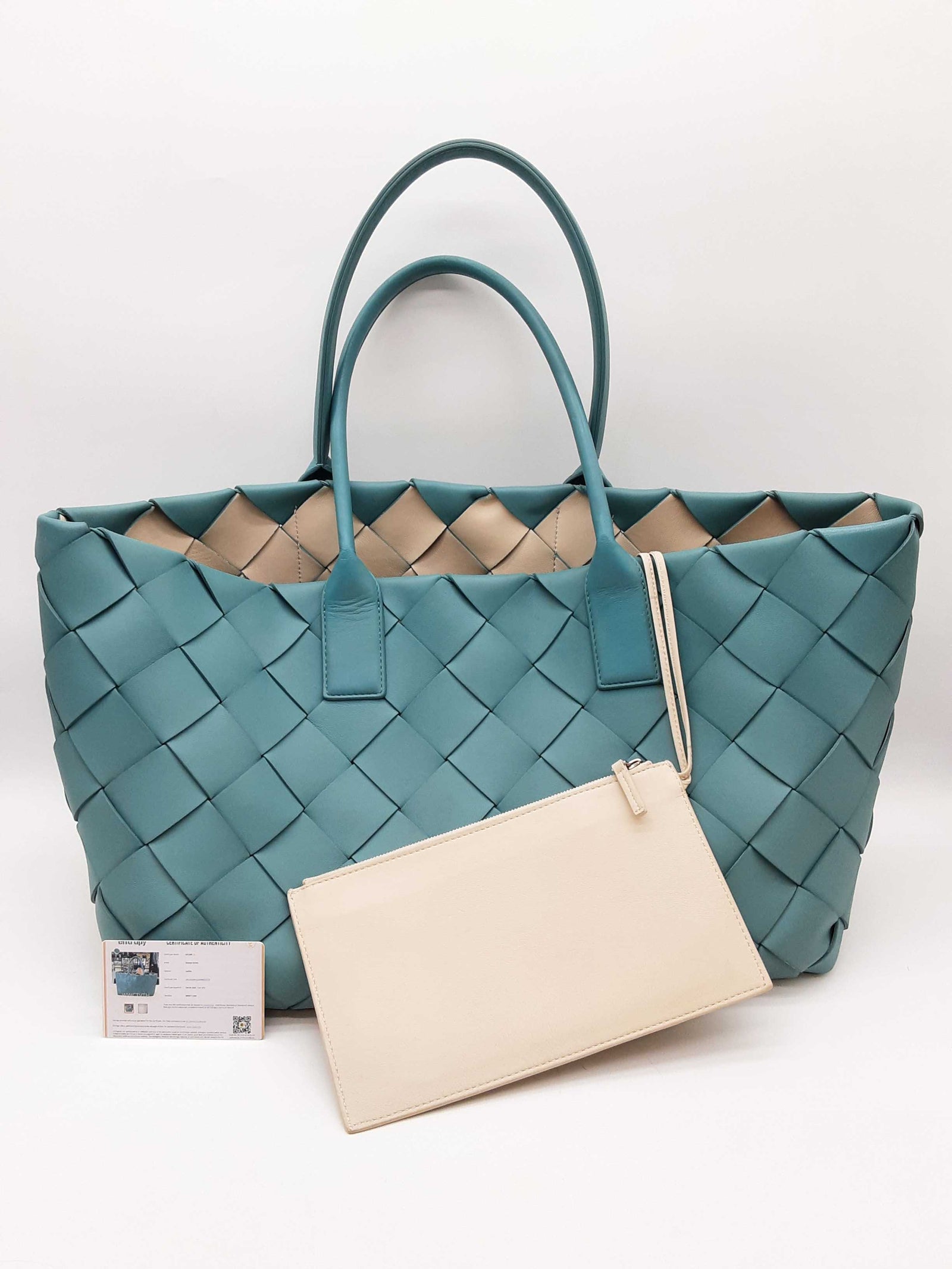 Bottega Veneta Maxi Cabat Intrecciato Teal Leather Tote Bag