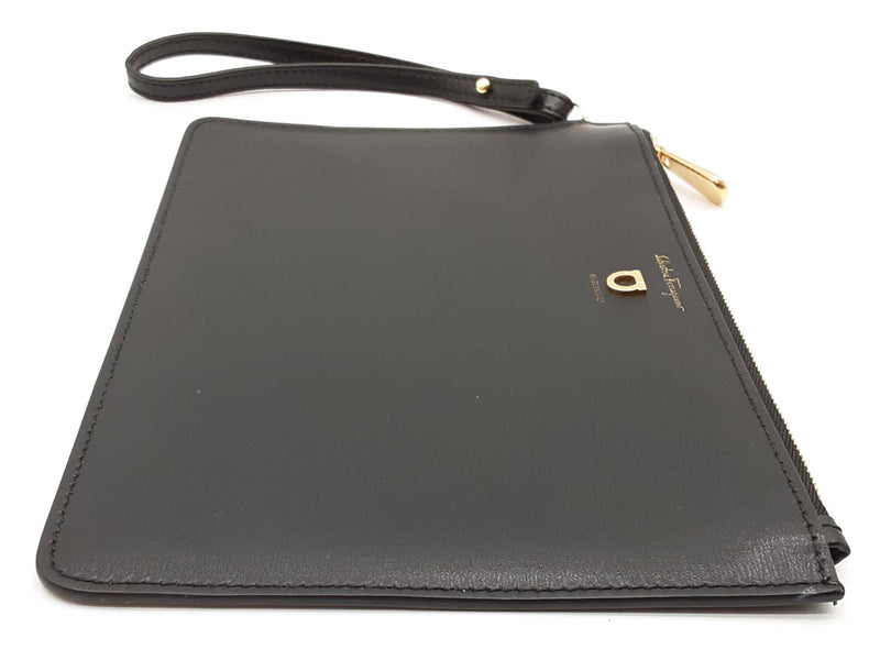 Salvatore Ferragamo Black Leather Zip Flat Pouch Wristlet Clutch Do0525lorde