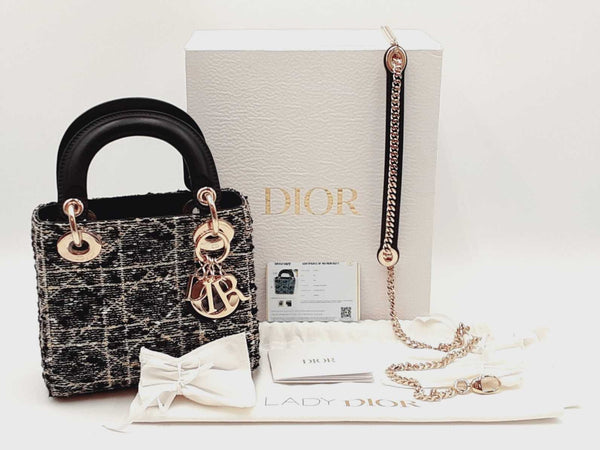 Christian Dior Mini Lady Dior In Tweed & Gold Cannage Fw0825wzxzdu