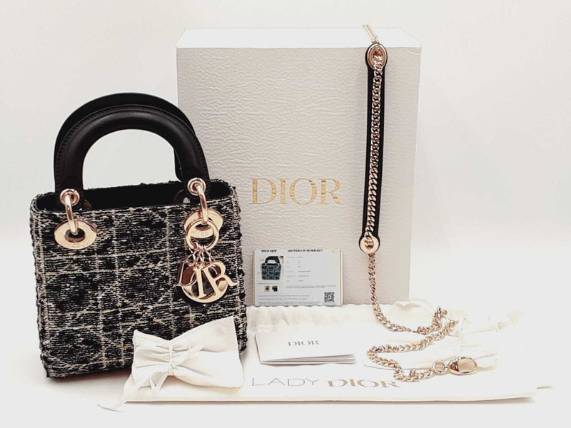 Christian Dior Mini Lady Dior In Tweed & Gold Cannage Fw0825wzxzdu