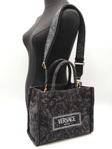 Versace Athena Small Tote Bag In Gray Barocco Canvas Fabric Fw1225wxzdu