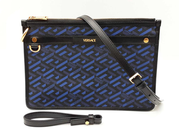 Versace La Greca Signature Coated Canvas Black & Blue Crossbody Bag Fw0725ozxdu