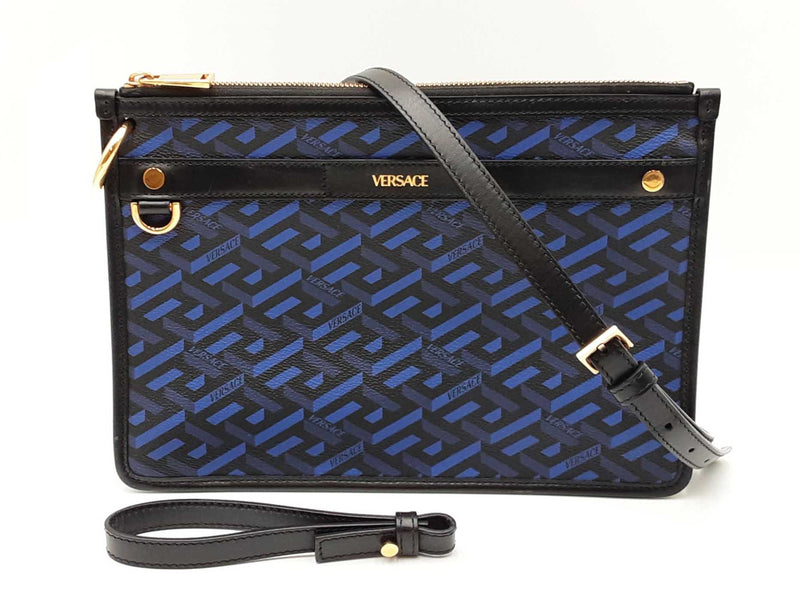 Versace La Greca Signature Coated Canvas Black & Blue Crossbody Bag Fw0725ozxdu