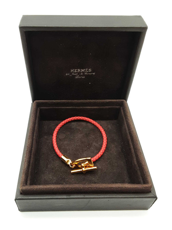 Hermes Etrier Red Braided Leather Goldtone Clasp Bracelet 6.5 In Do1025lrxde