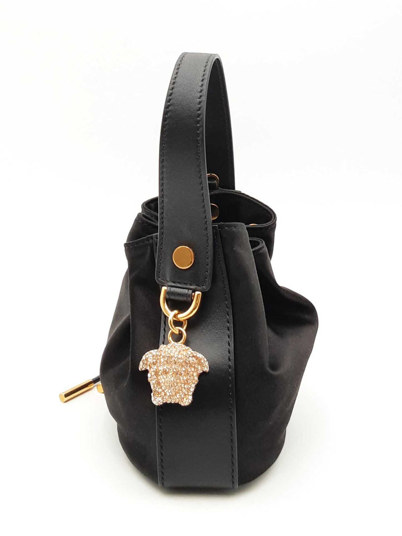 Versace La Medusa Charm Black Satin & Leather Mini Bucket Bag Fw1224pxzsa