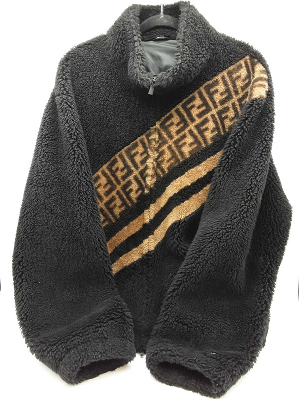 Fendi Black Brown Logo Wool Shearling Zip Up Coat Size Italian 58 Do0925loxzde