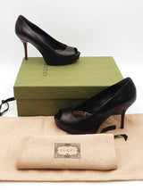 Gucci Black Leather Peep Toe Platform Heels Size 36.5 Eb0526crsa