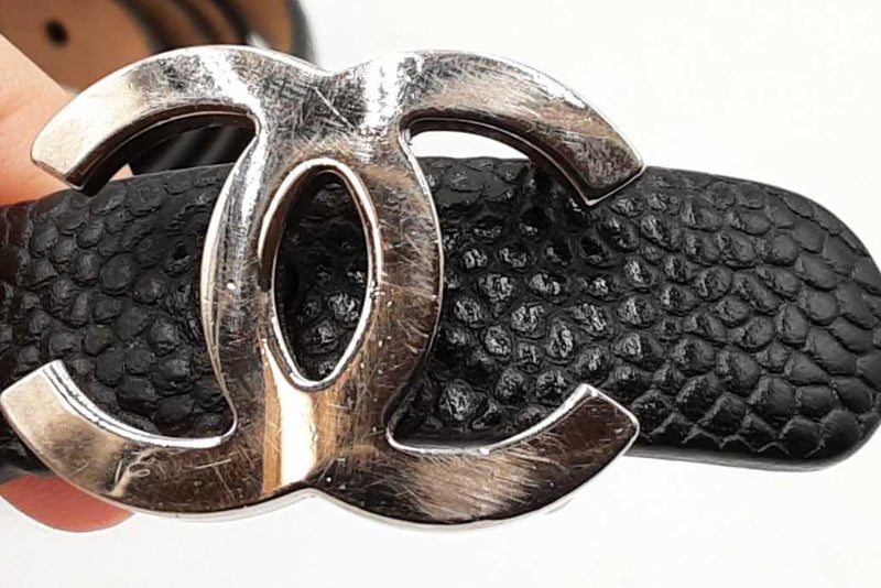 Chanel Black Leather Belt With Silver Tone Interlocking Cc Buckle Eb1025wrxdu