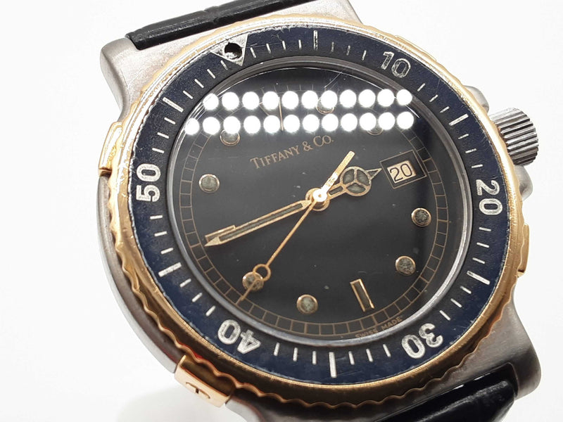 Tiffany & Co M0729 39 Diver Two Tone Steel Black Leather Strap Quartz Watch
