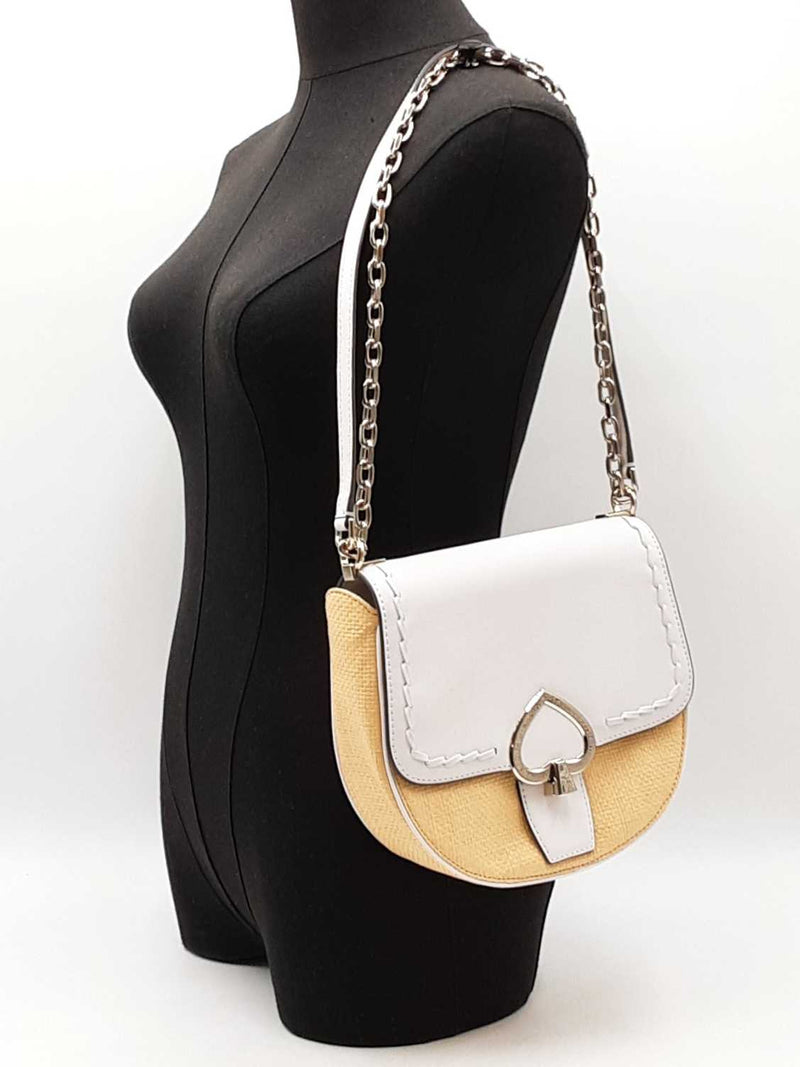 Kate Spade Robyn Chain Saddle Bag In White Leather & Raffia Fw0825wxdu